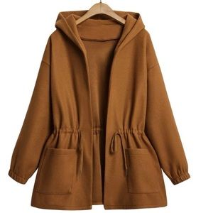 NWOT Double Pocket Drawstring Waist Drop Shoulder Hooded Overcoat